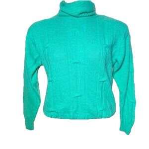 Vintage Woman’s Teal Turtleneck Sweater Size Small Cable Knit Lambs Wool Angora